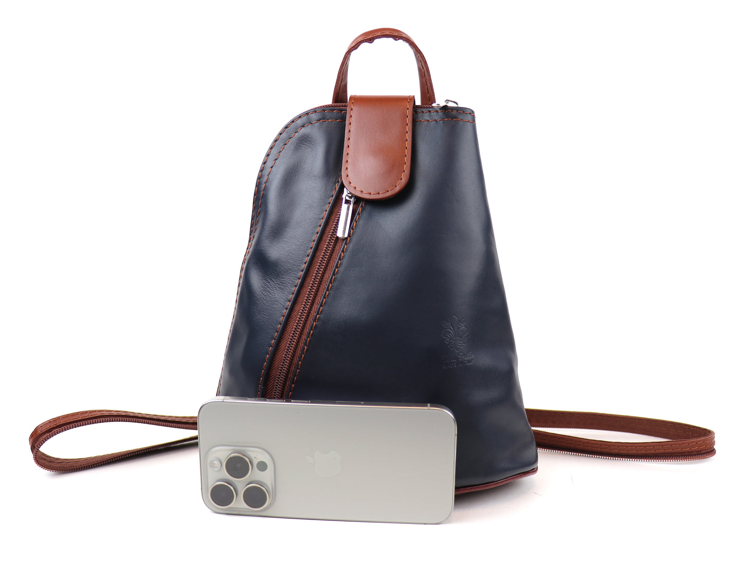 Small Vera Pelle Italian Soft Leather Backpack Navy/Tan