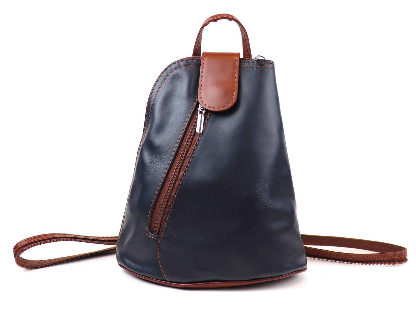 Small Vera Pelle Italian Soft Leather Backpack Navy/Tan