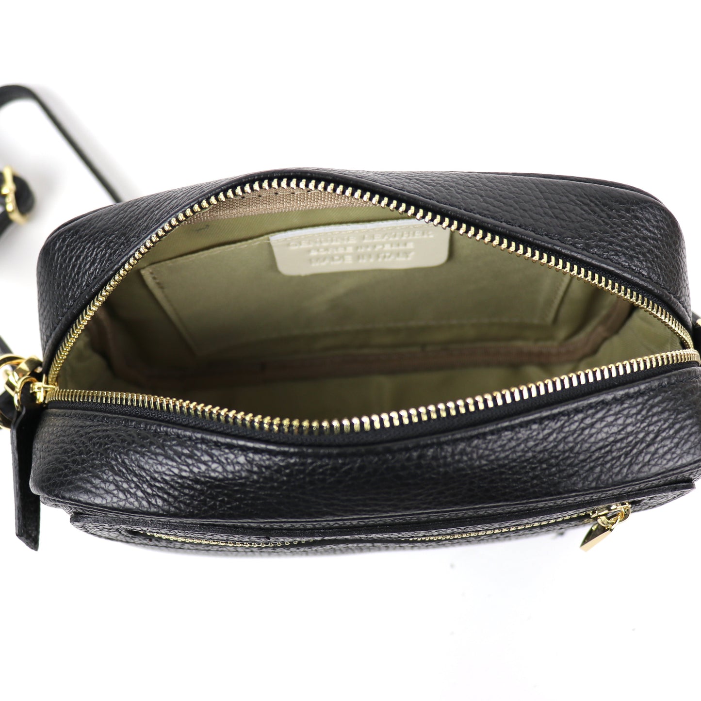 Open top view of the gold leopard print leather bag, showing the interior lining and zipper detail.