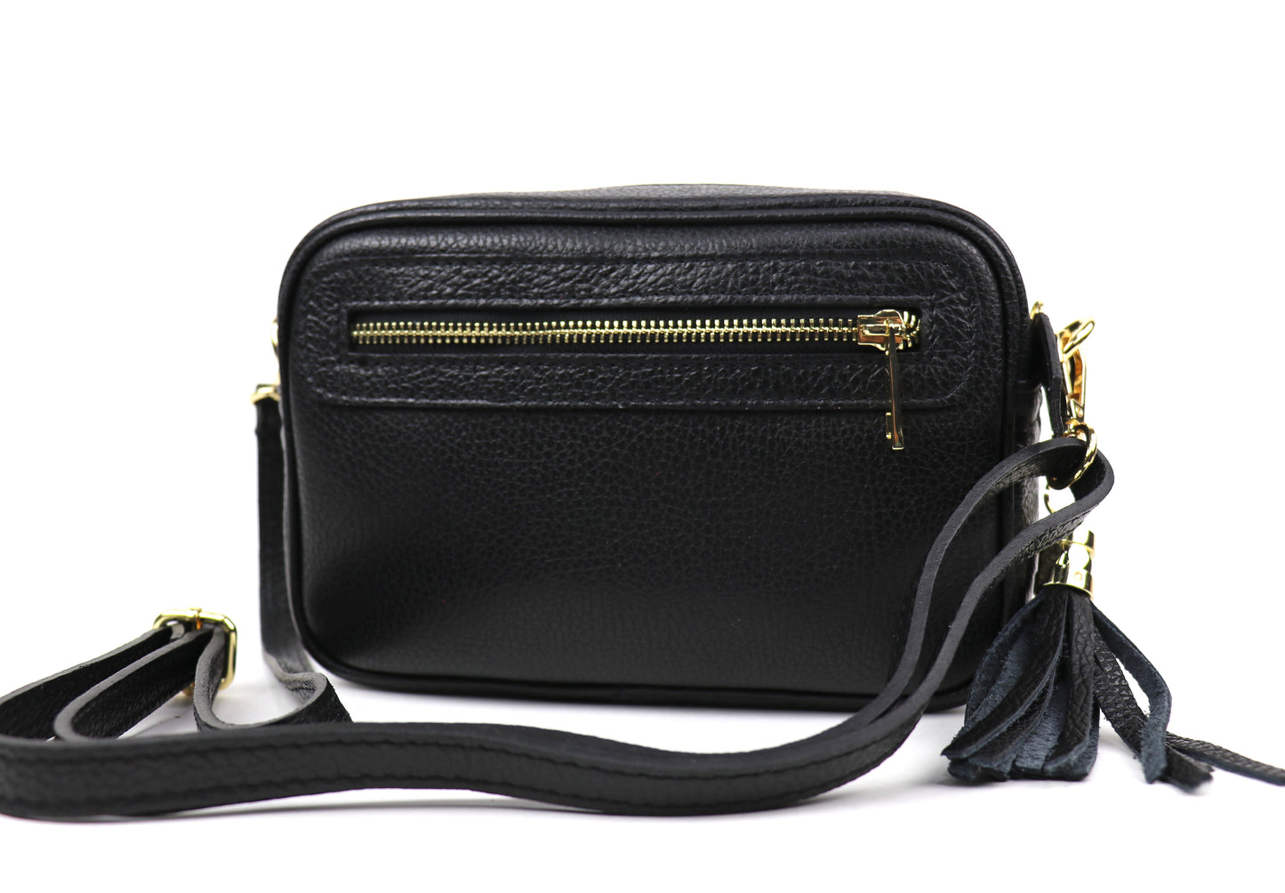 Back view of the gold leopard print leather bag, featuring a black leather side with a zip pocket.