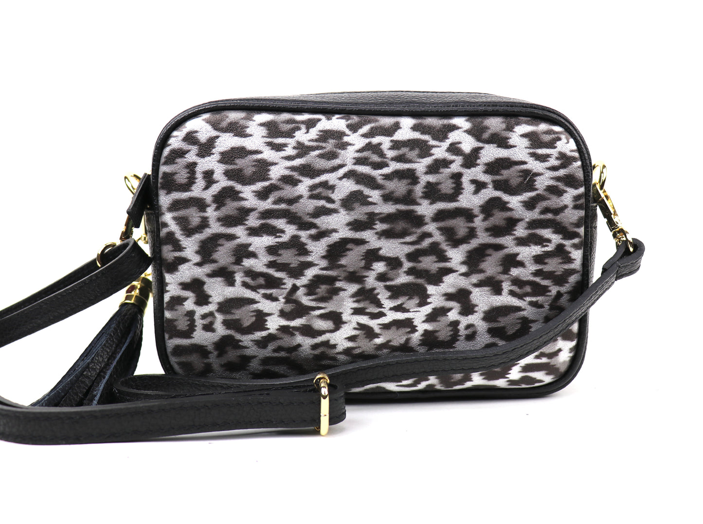 Silver Leopard print leather bag with detachable black strap, front-facing view.