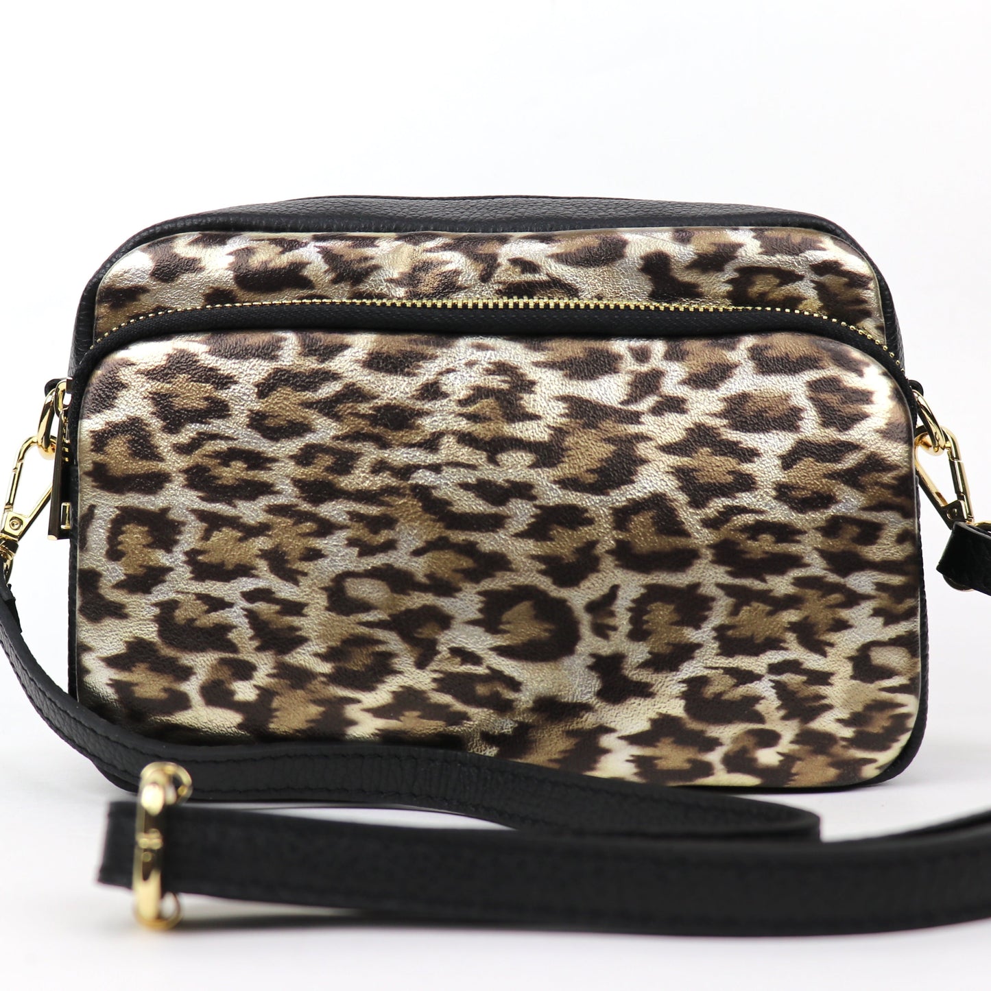Gold Leopard print leather bag with detachable black strap and gold hardware, displayed front-facing.