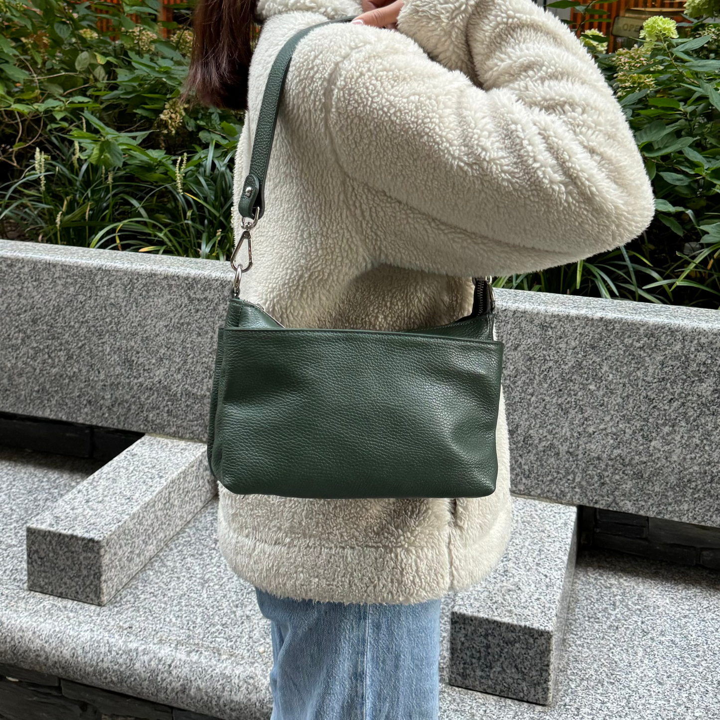 Three Zip Genuine Italian Leather Shoulder/Crossbody Bag - Lussoinpelle Dark Green