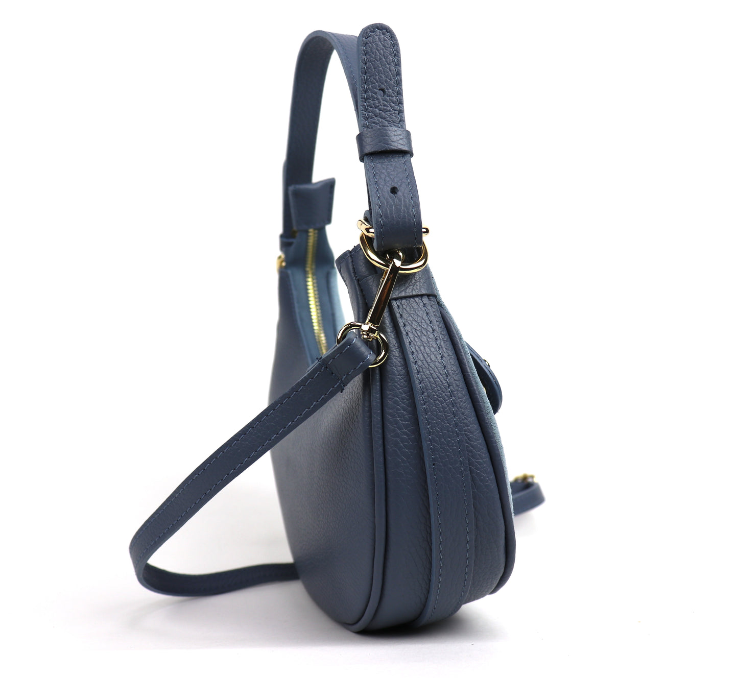 Denim Blue half moon bag side view.