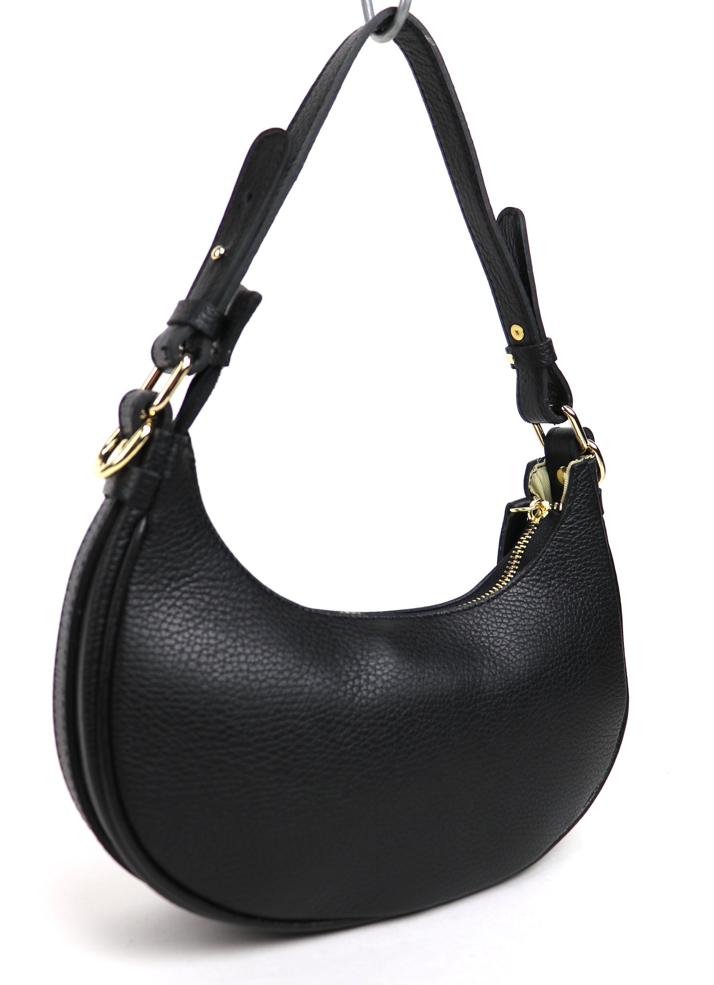 Black small half moon shoulder/crossbody bag, angled side view, featuring pebbled leather texture, gold-tone hardware, and adjustable strap displayed against a white background.