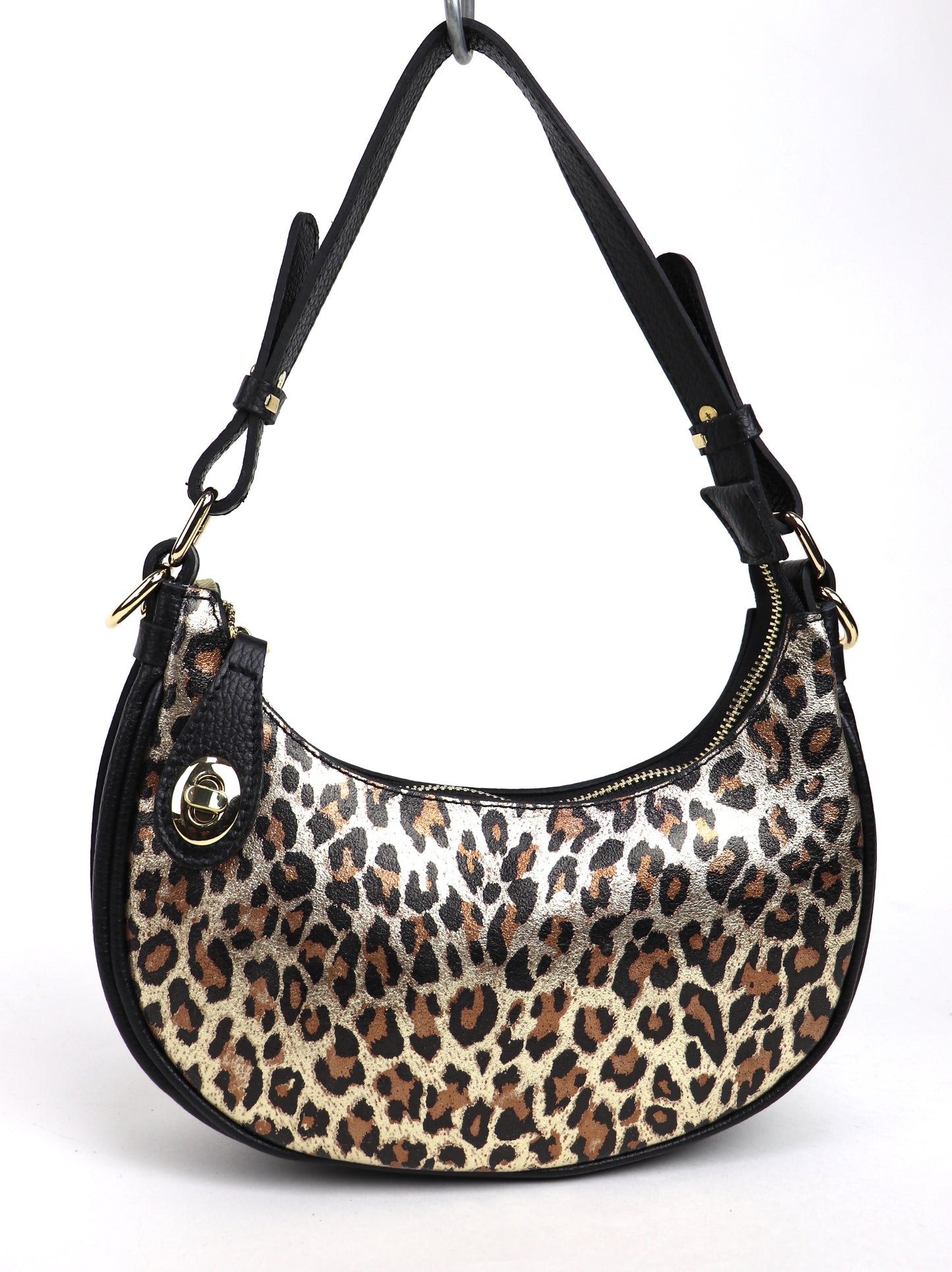 Gold Leopard small half moon shoulder/crossbody bag, front view, featuring a bold leopard print, black leather accents, gold-tone hardware, and adjustable strap displayed against a white background.