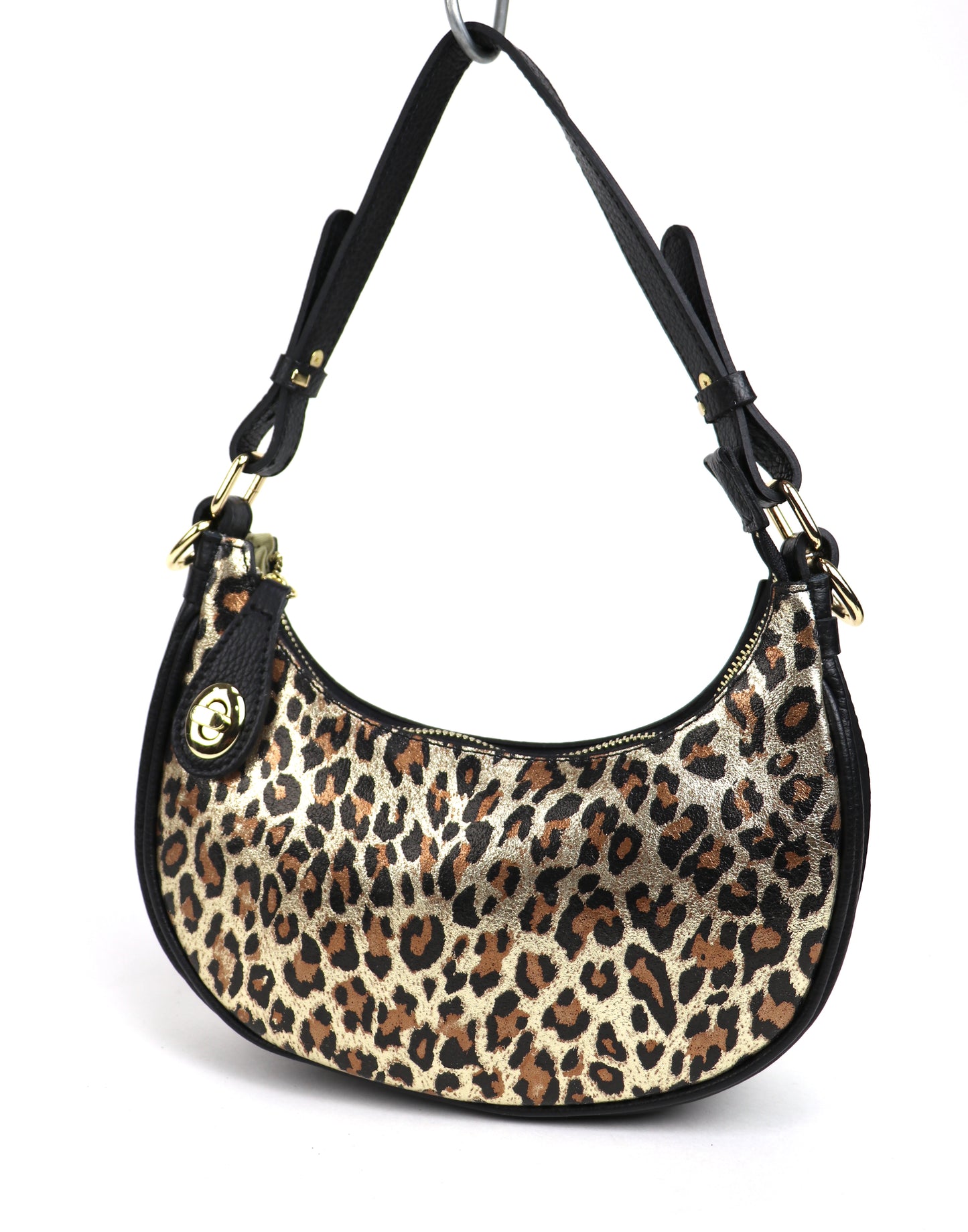 Gold Leopard small half moon shoulder/crossbody bag, front view, featuring a bold leopard print, black leather accents, gold-tone hardware, and adjustable strap displayed against a white background.