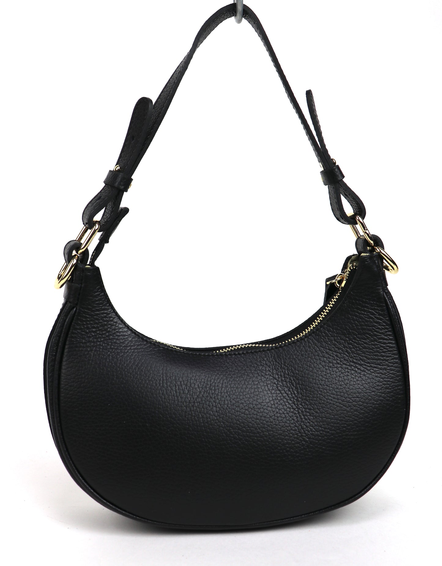 Black half moon shoulder/crossbody bag, back view.