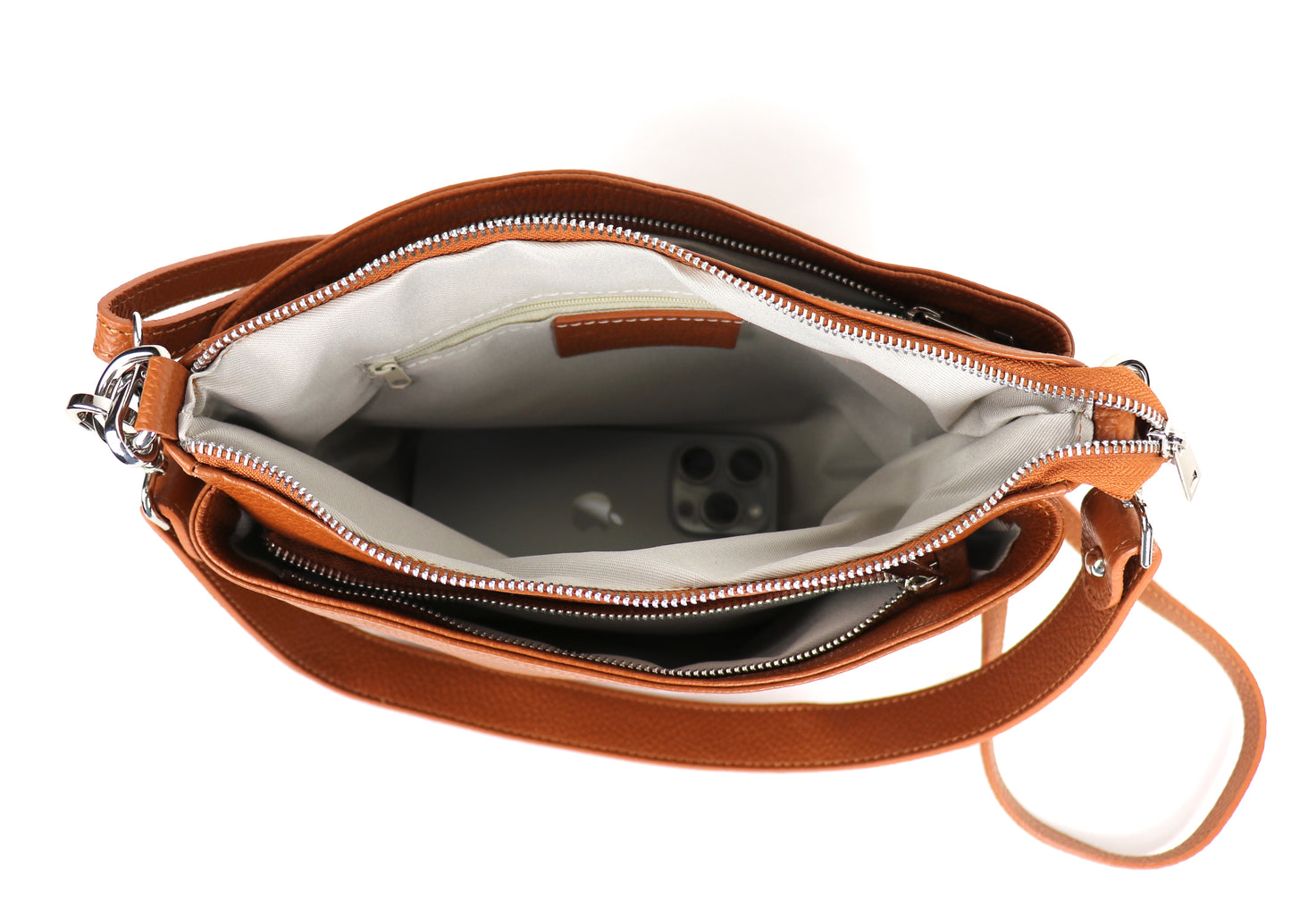 Three Zip Genuine Italian Leather Shoulder/Crossbody Bag - Lussoinpelle