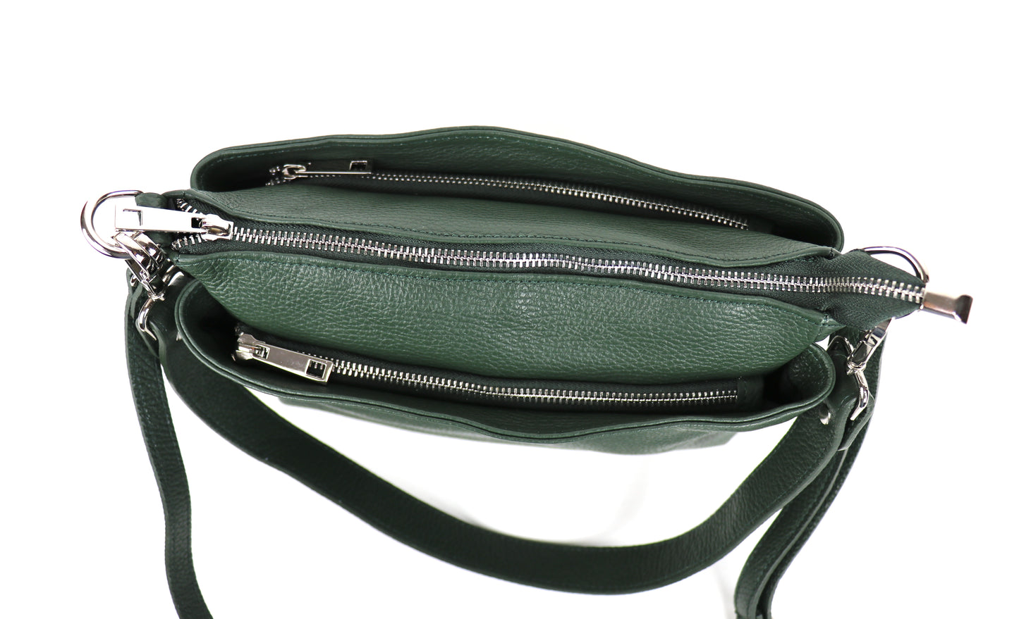 Three Zip Genuine Italian Leather Shoulder/Crossbody Bag - Lussoinpelle Dark Green