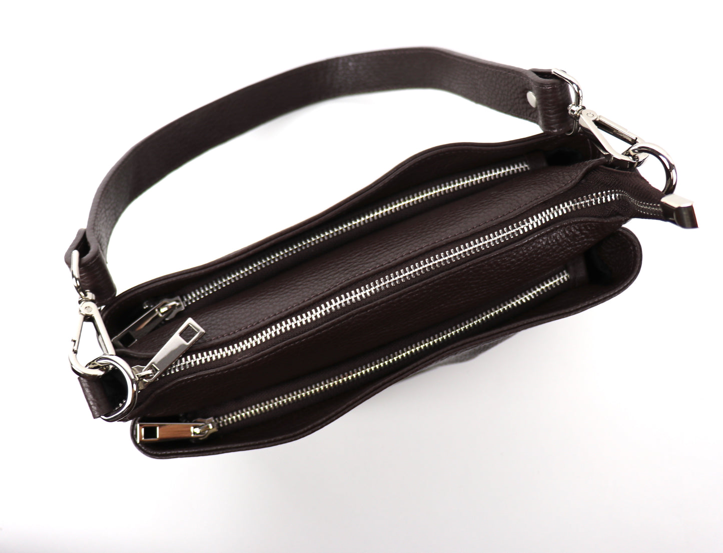 Three Zip Genuine Italian Leather Shoulder/Crossbody Bag - Lussoinpelle Chocolate Crossbody bags