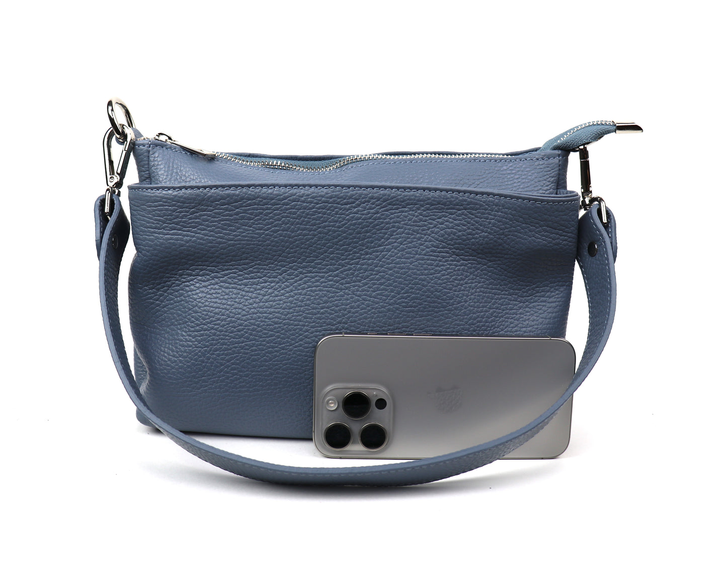 Three Zip Genuine Italian Leather Shoulder/Crossbody Bag - Lussoinpelle Denim