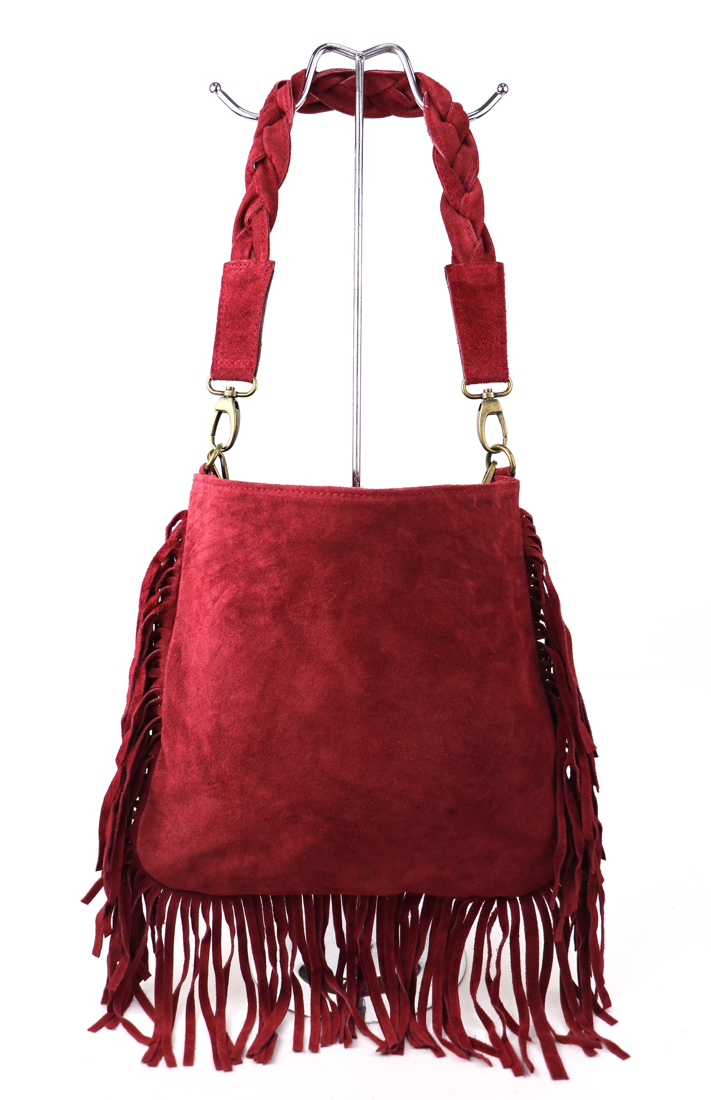 Marina Suede Shoulder/Crossbody Bag with Fringe - Lussoinpelle Burgundy