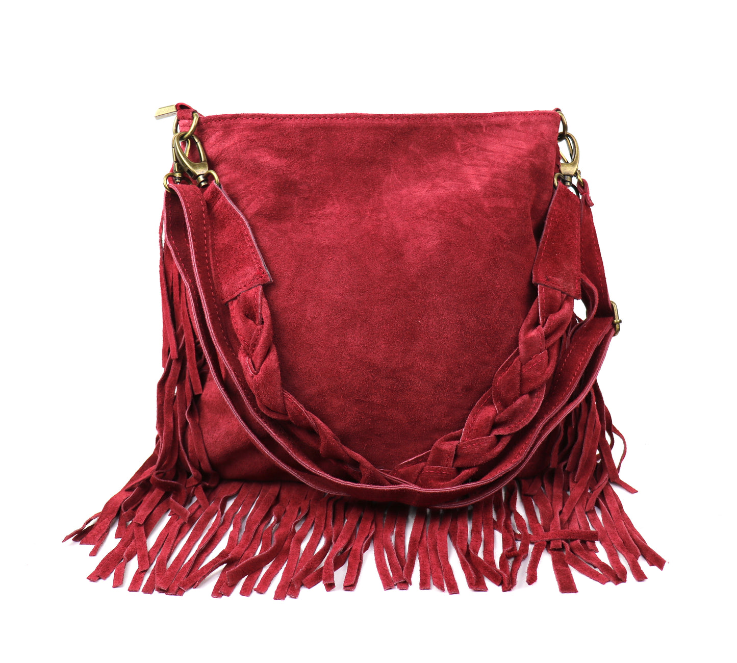 Marina Suede Shoulder/Crossbody Bag with Fringe - Lussoinpelle Burgundy