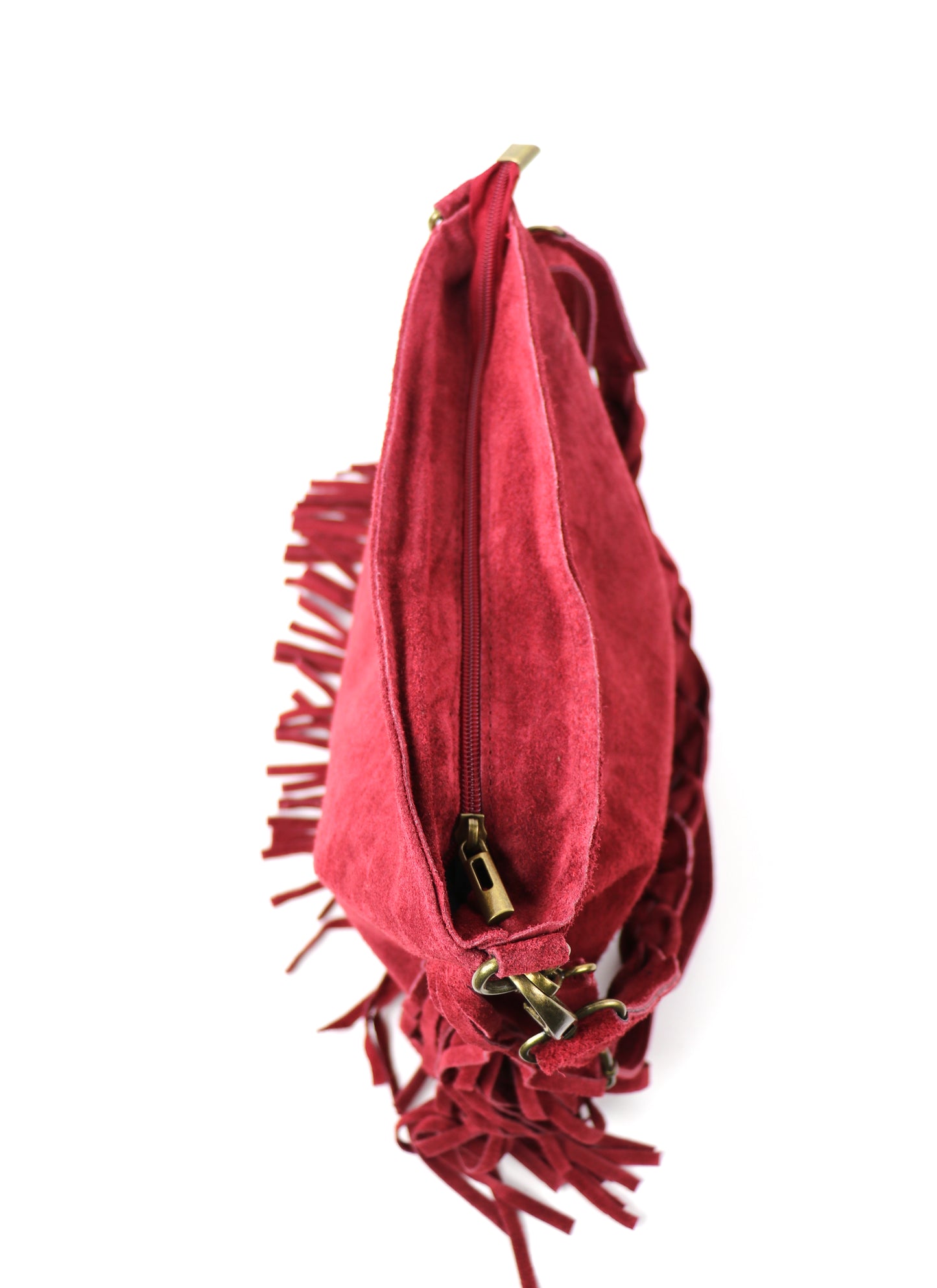 Marina Suede Shoulder/Crossbody Bag with Fringe - Lussoinpelle Burgundy