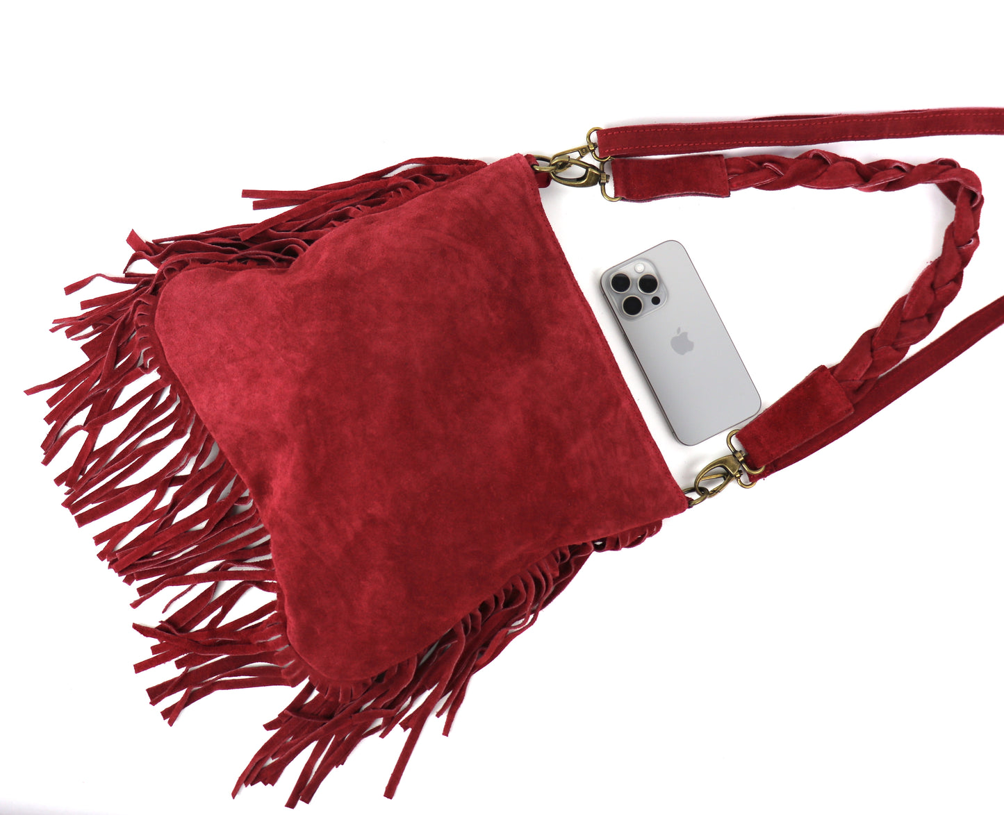 Marina Suede Shoulder/Crossbody Bag with Fringe - Lussoinpelle Burgundy