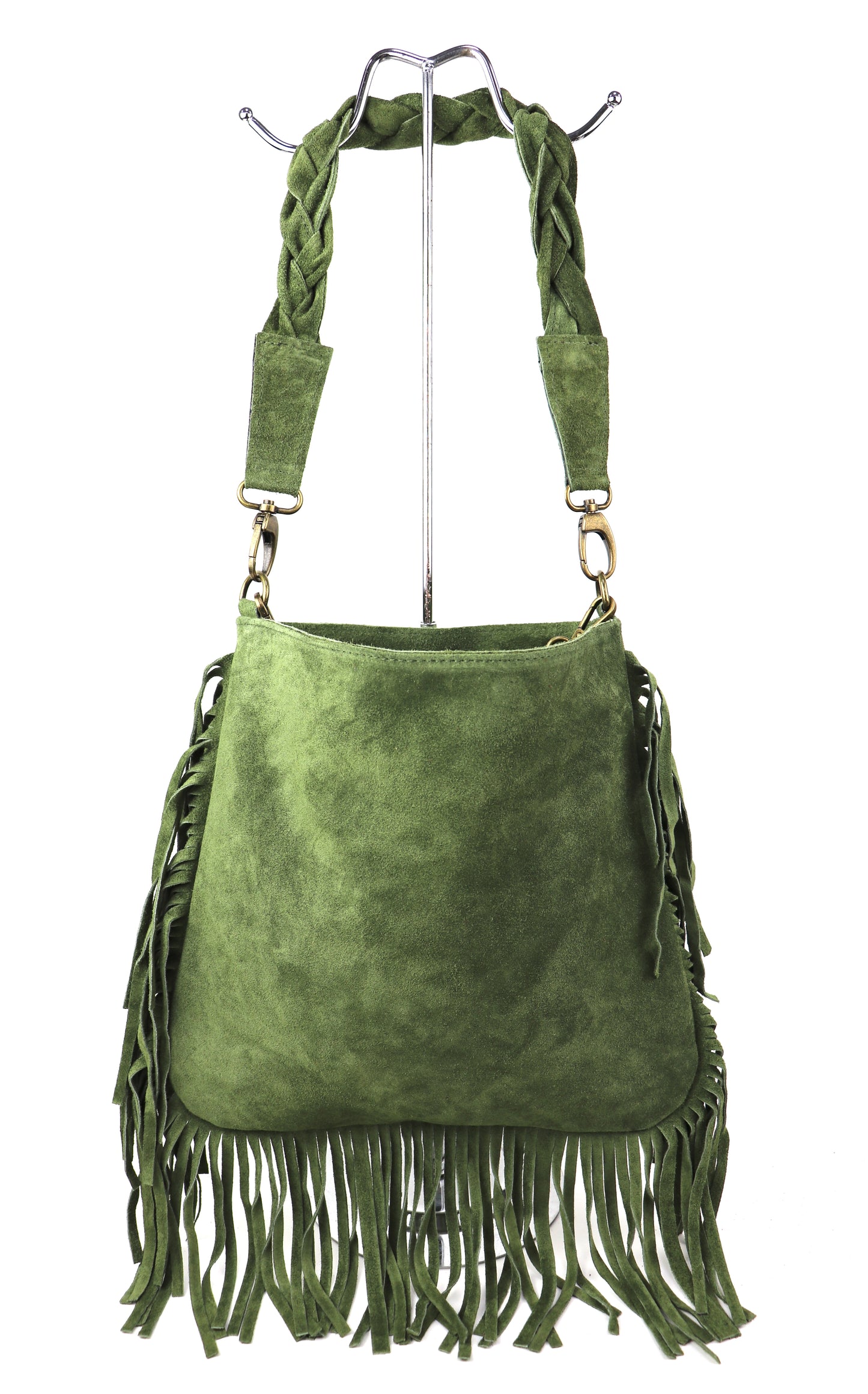 Marina Suede Shoulder/Crossbody Bag with Fringe - Lussoinpelle Olive Crossbody bags