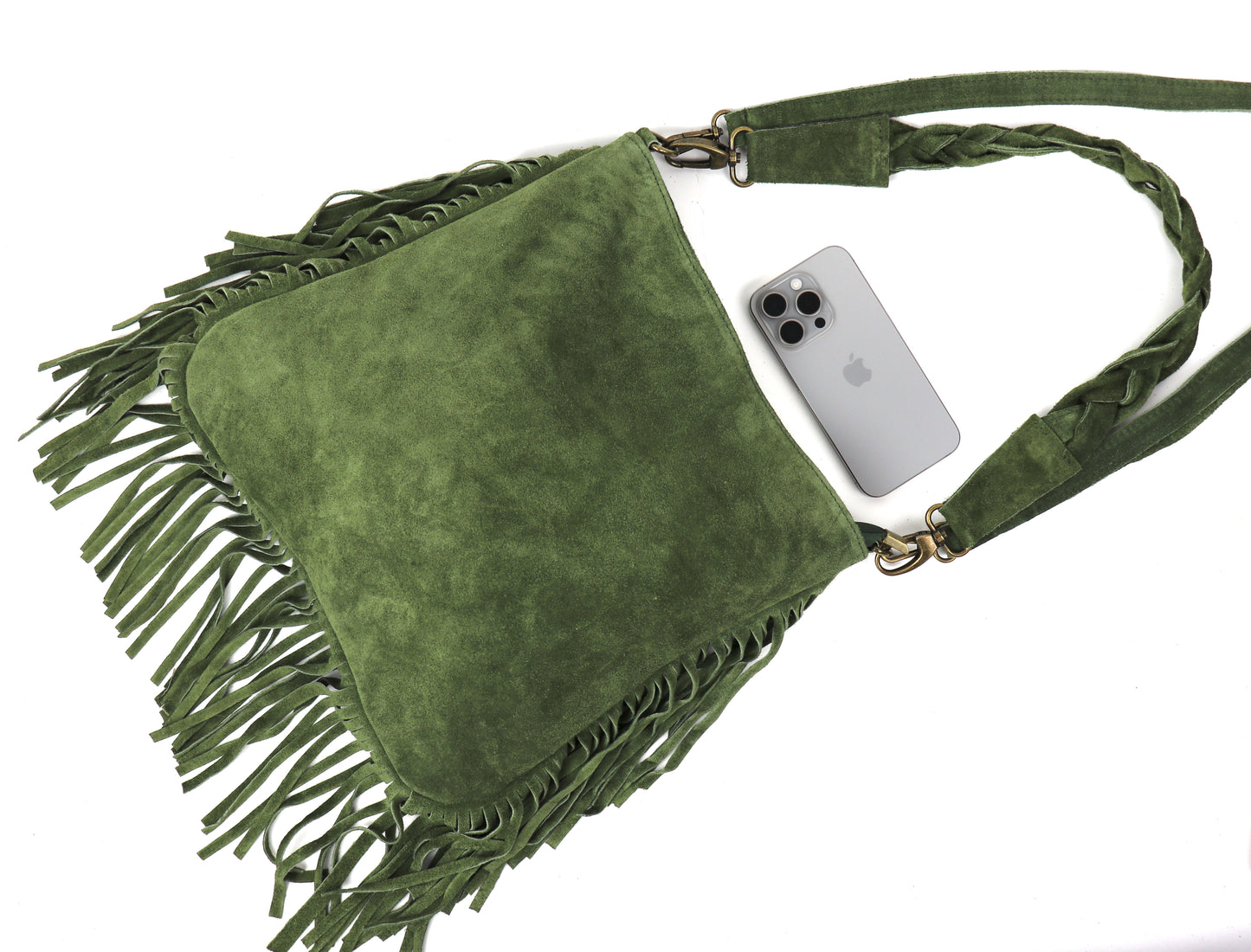 Marina Suede Shoulder/Crossbody Bag with Fringe - Lussoinpelle Olive Crossbody bags