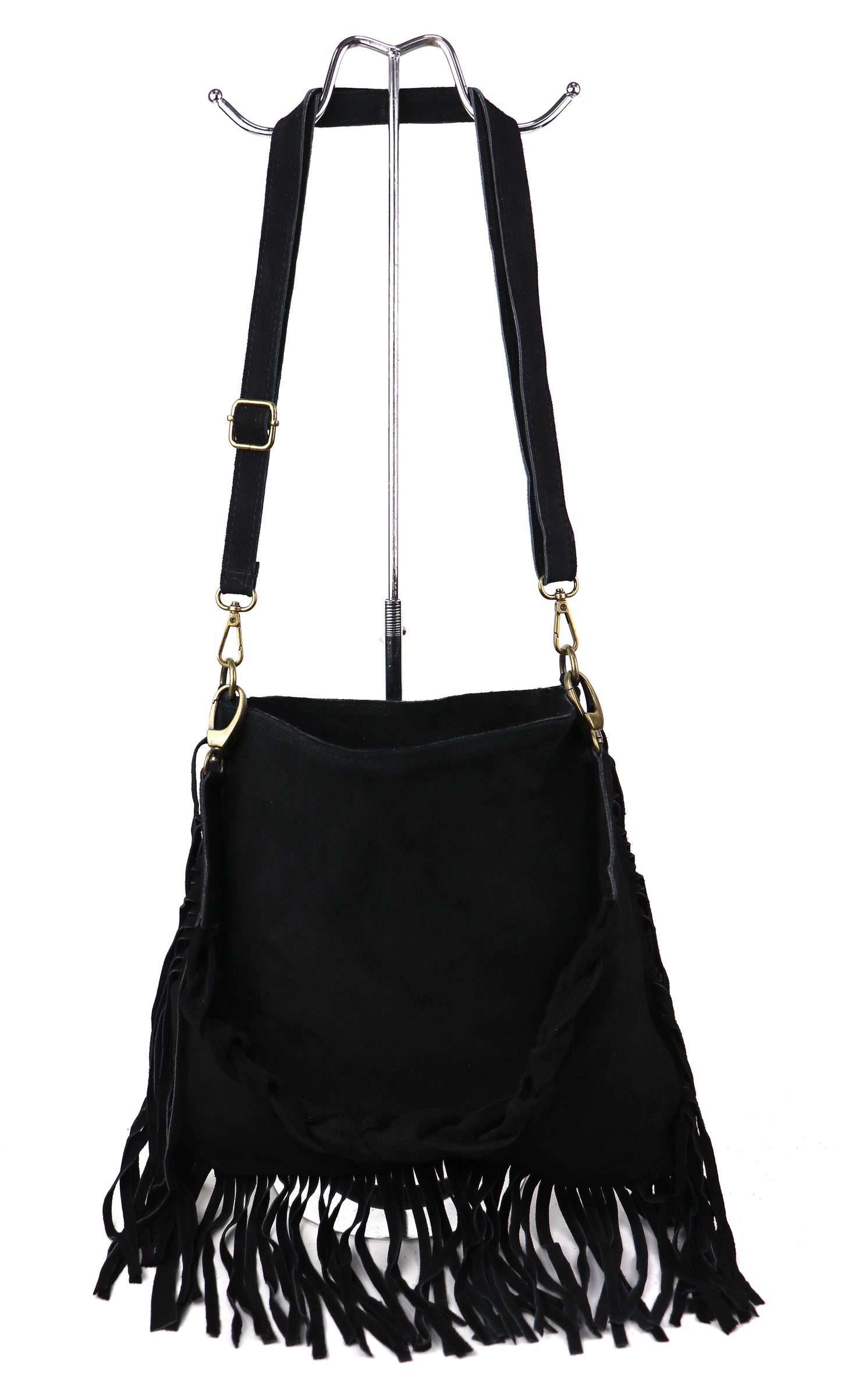 Marina Suede Shoulder/Crossbody Bag with Fringe - Lussoinpelle Black