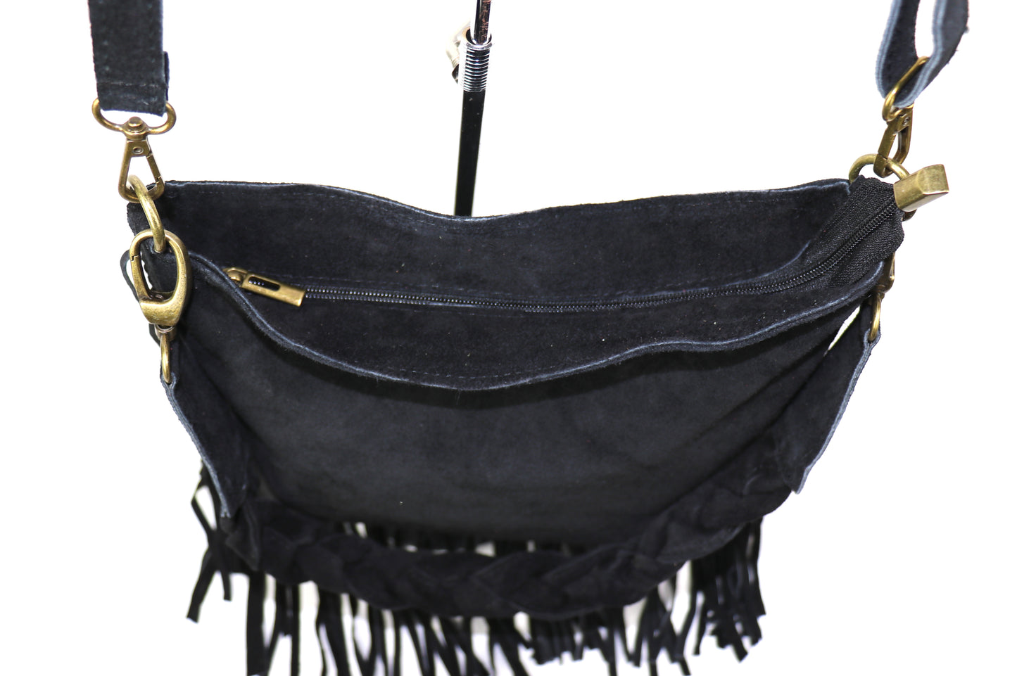 Marina Suede Shoulder/Crossbody Bag with Fringe - Lussoinpelle Black