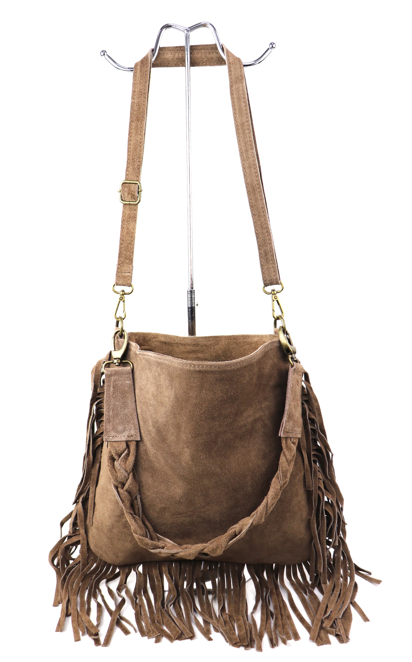 Marina Suede Shoulder/Crossbody Bag with Fringe - Lussoinpelle Taupe