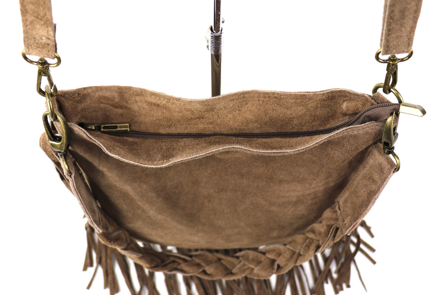 Marina Suede Shoulder/Crossbody Bag with Fringe - Lussoinpelle Taupe