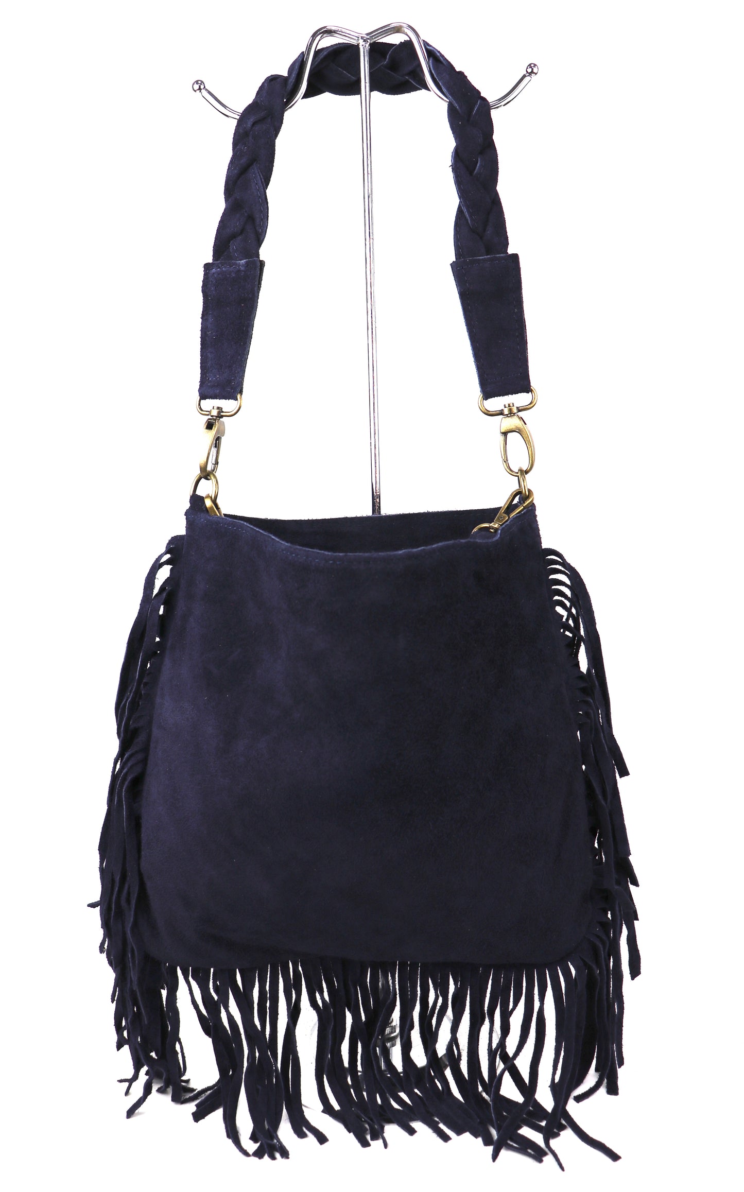 Marina Suede Shoulder/Crossbody Bag with Fringe - Lussoinpelle Navy