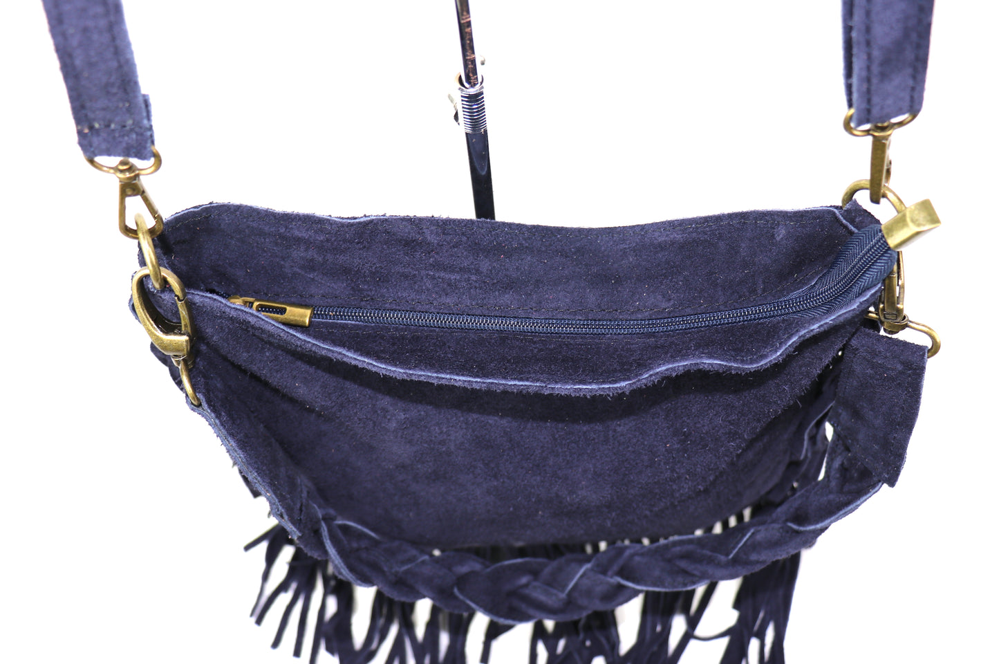 Marina Suede Shoulder/Crossbody Bag with Fringe - Lussoinpelle Navy