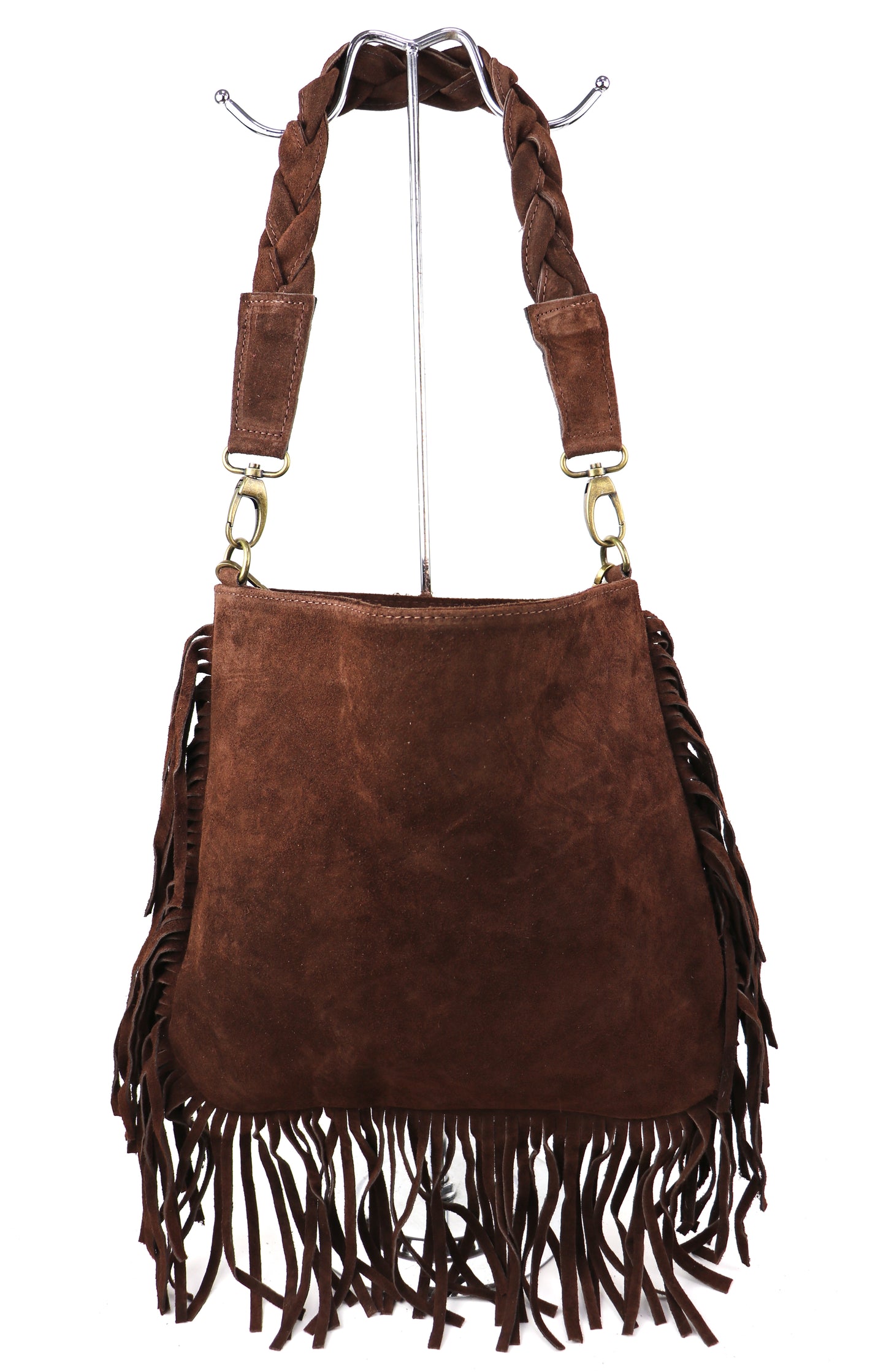 Marina Suede Shoulder/Crossbody Bag with Fringe - Lussoinpelle Chocolate