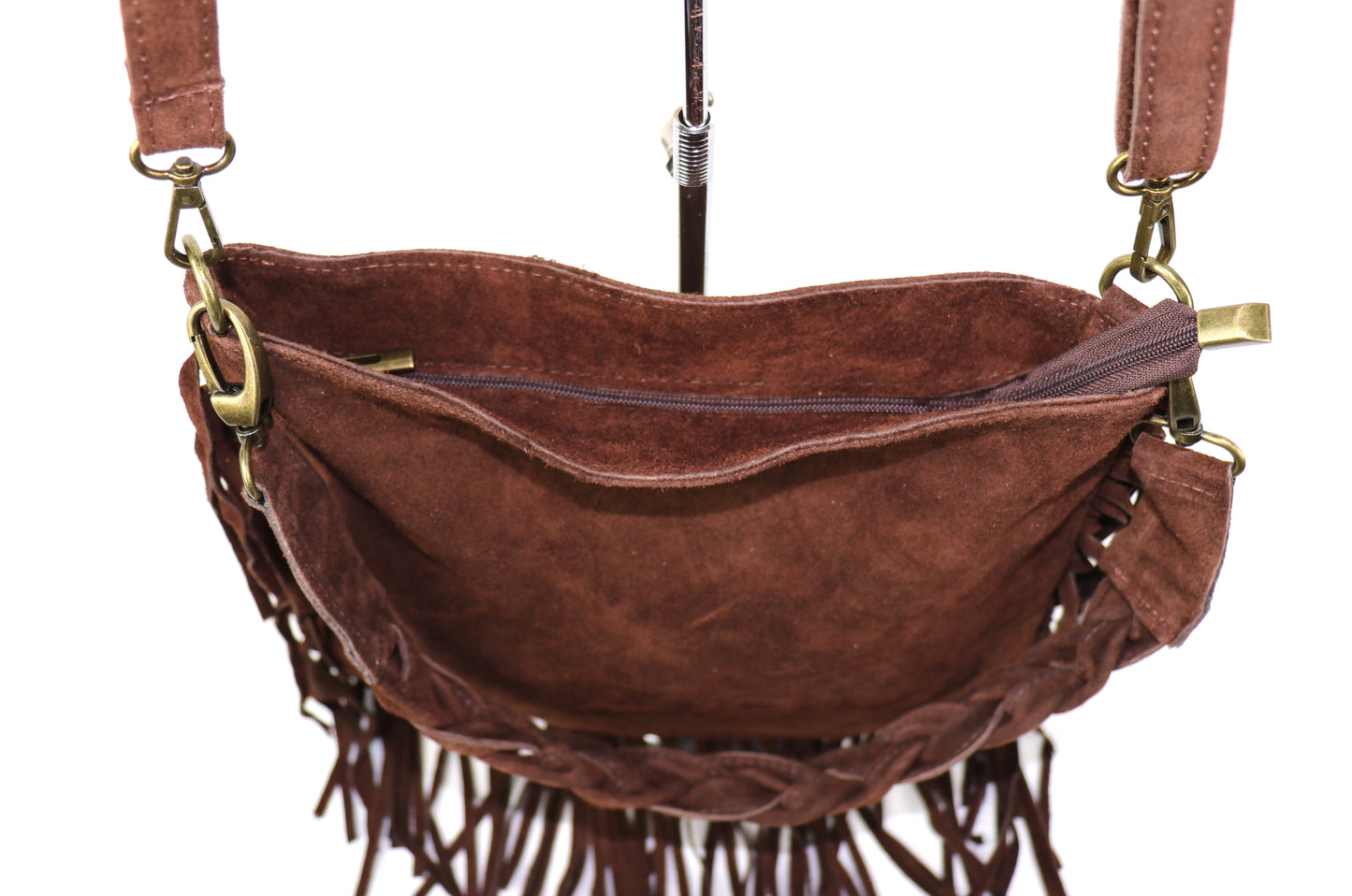 Marina Suede Shoulder/Crossbody Bag with Fringe - Lussoinpelle Chocolate