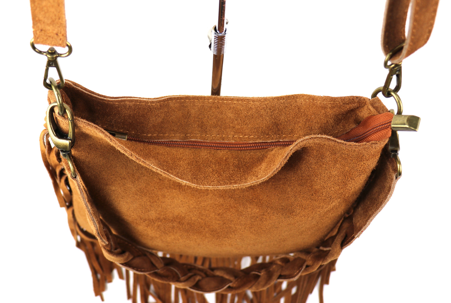 Marina Suede Shoulder/Crossbody Bag with Fringe - Lussoinpelle Tan