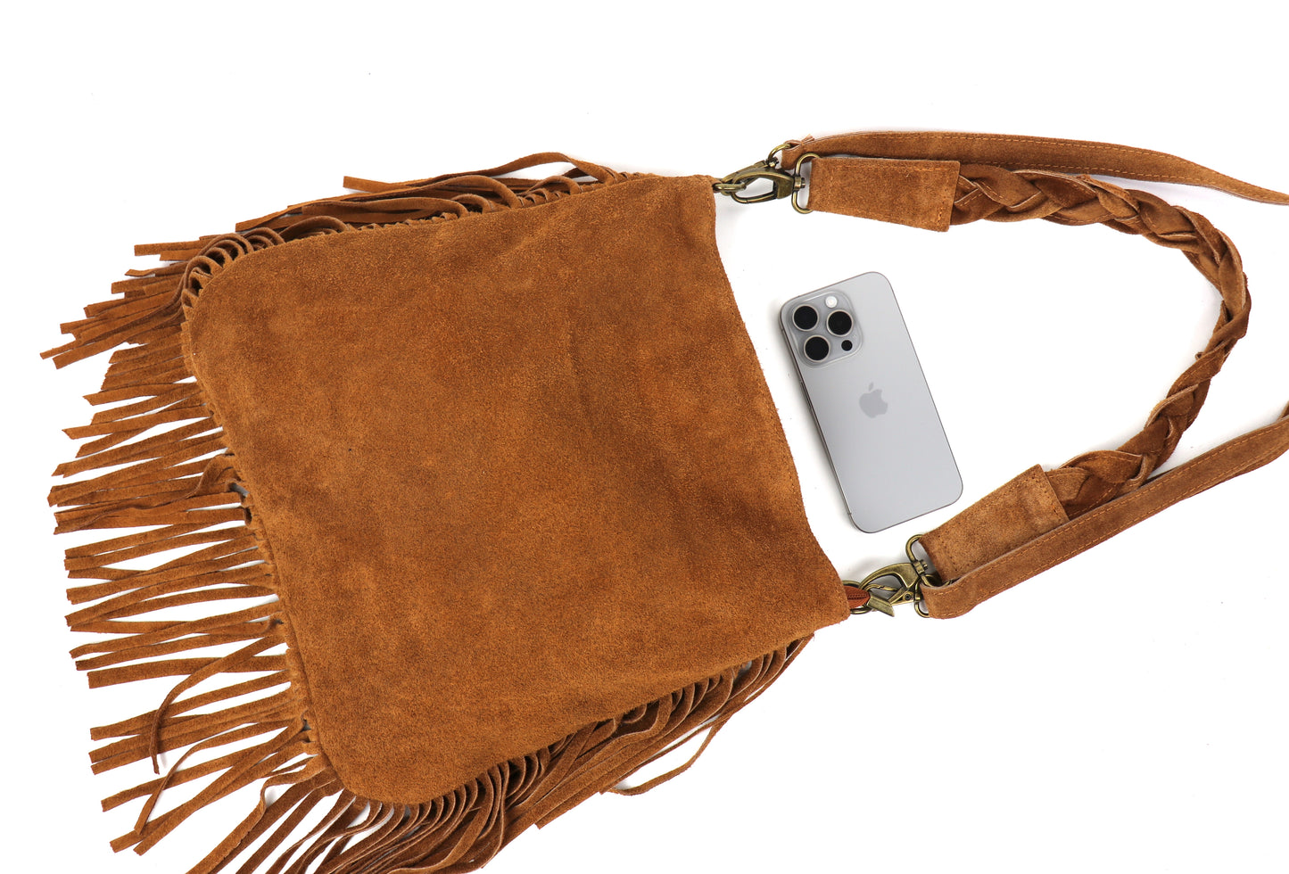 Marina Suede Shoulder/Crossbody Bag with Fringe - Lussoinpelle Tan