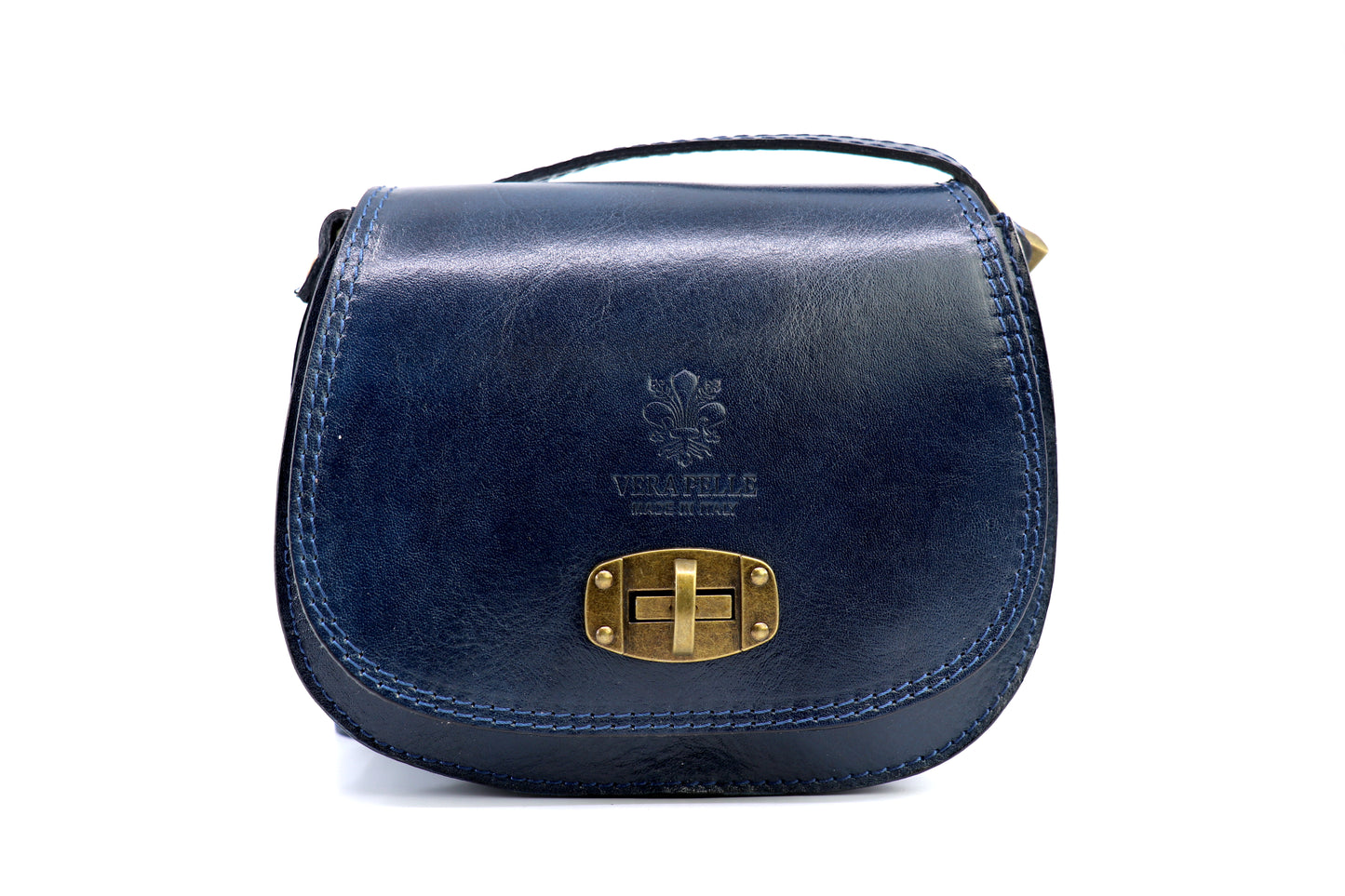 Front view of a navy blue Cora Vintage Small Leather Crossbody Bag with a brass lock clasp and a rich leather texture, displayed on a white background.
