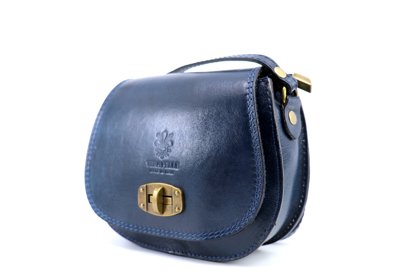 Side view of a navy blue Cora Vintage Small Leather Crossbody Bag with a brass lock clasp and a rich leather texture, displayed on a white background.