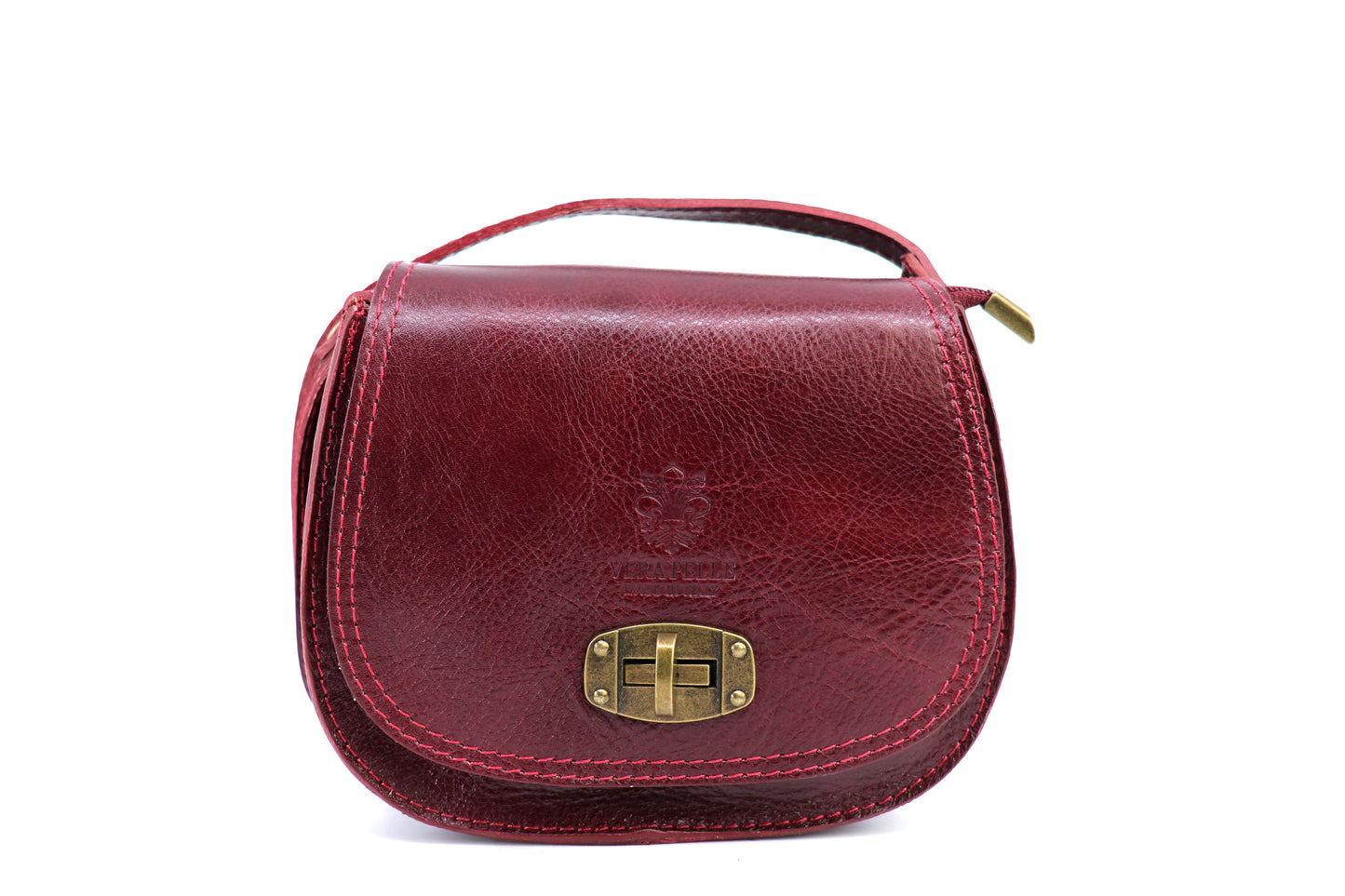 Front view of a dark red Cora Vintage Small Leather Crossbody Bag, showcasing the bag’s detailed brass lock clasp, displayed on a white background.