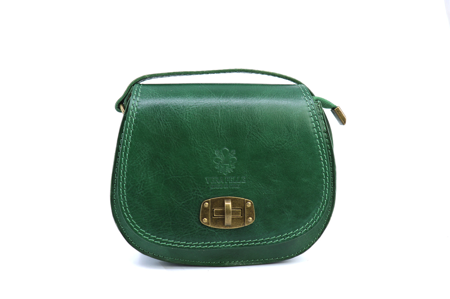 Front view of the green Cora Vintage Small Leather Crossbody Bag, showcasing its rich color and brass lock clasp on a white background.