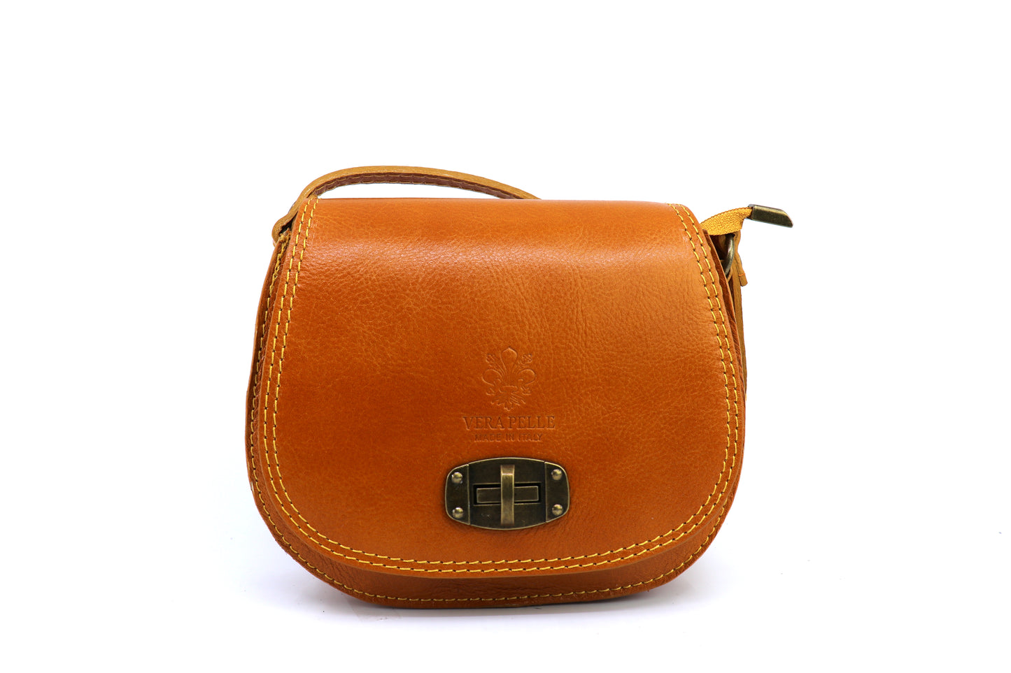 Front view of the mustard yellow Cora Vintage Small Leather Crossbody Bag, displaying a brass lock clasp on a white background.