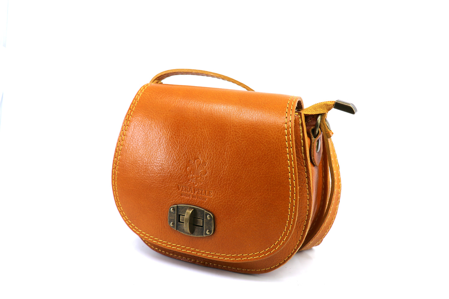 Side view of the mustard yellow Cora Vintage Small Leather Crossbody Bag, showing the smooth leather texture on a white background.