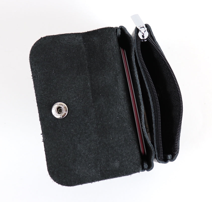 Black Wallet: A small black leather wallet with a silver snap button.