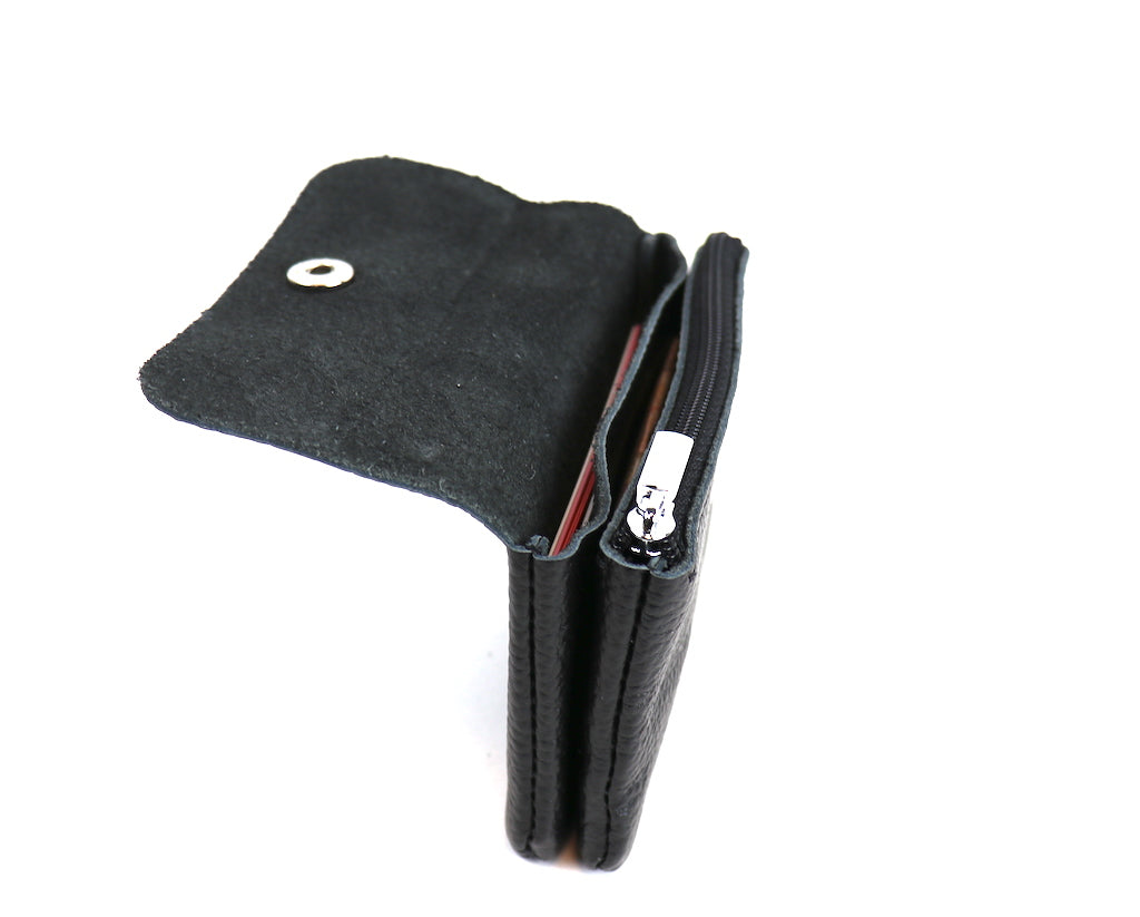 Black Wallet: A small black leather wallet with a silver snap button.