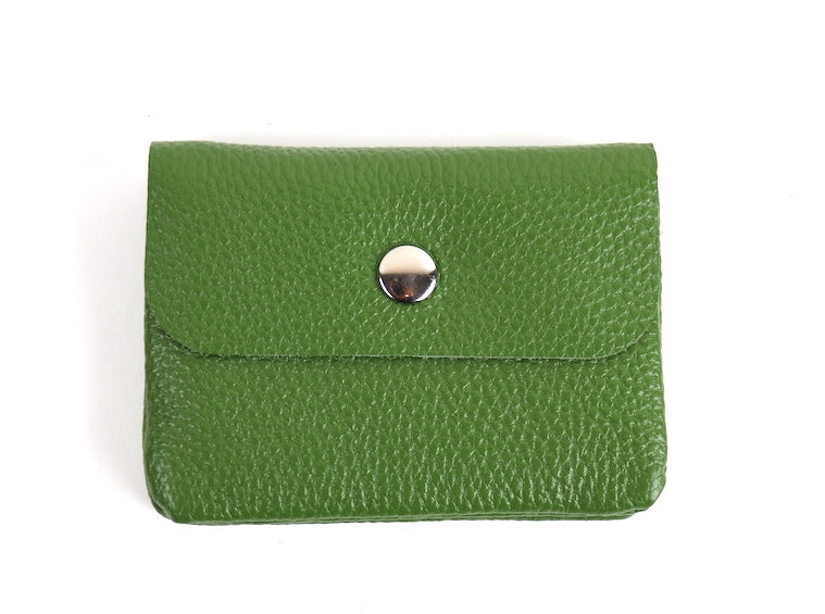 Green Wallet: A small olive green leather wallet with a silver snap button.