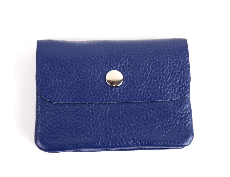 Royal Blue Wallet: A small royal blue leather wallet with a silver snap button.