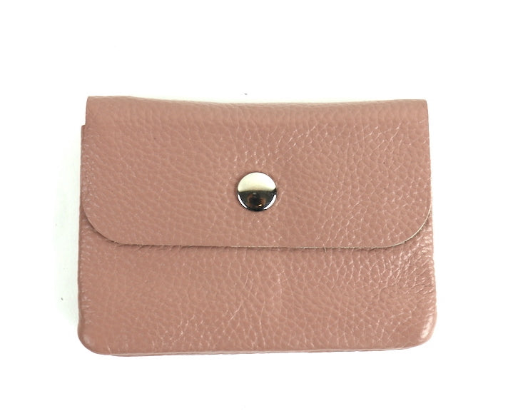 Dusty Pink Wallet: A small dusty pink leather wallet with a silver snap button.