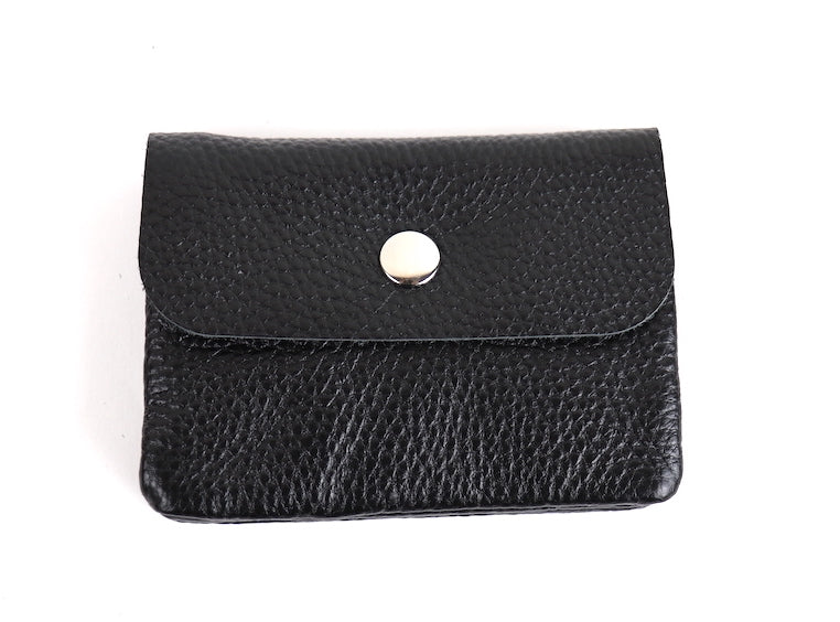 Black Wallet: A small black leather wallet with a silver snap button.