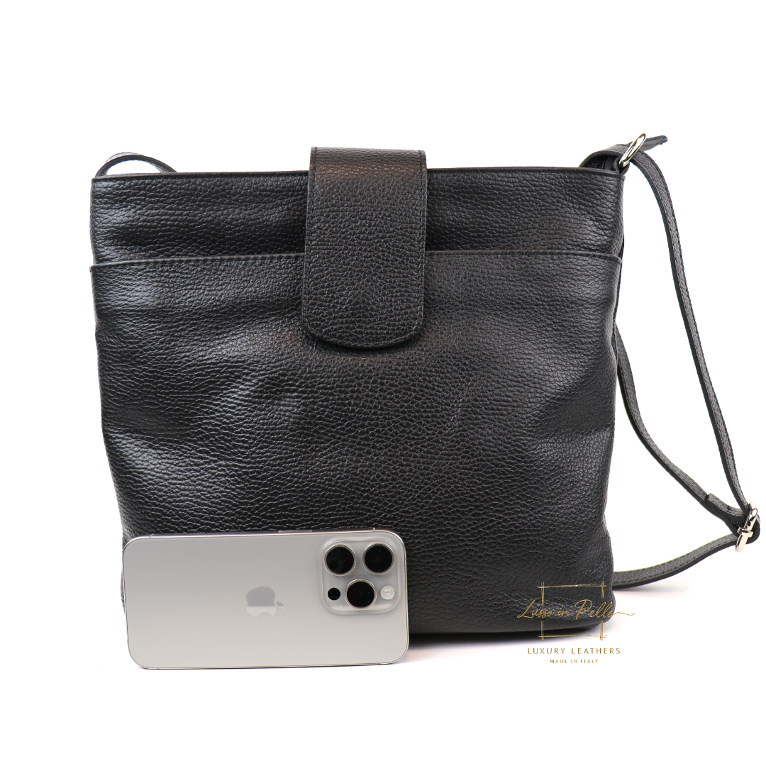 Italian Leather Shoulder/Crossbody Bag with Adjustable Straps - Lussoinpelle Black