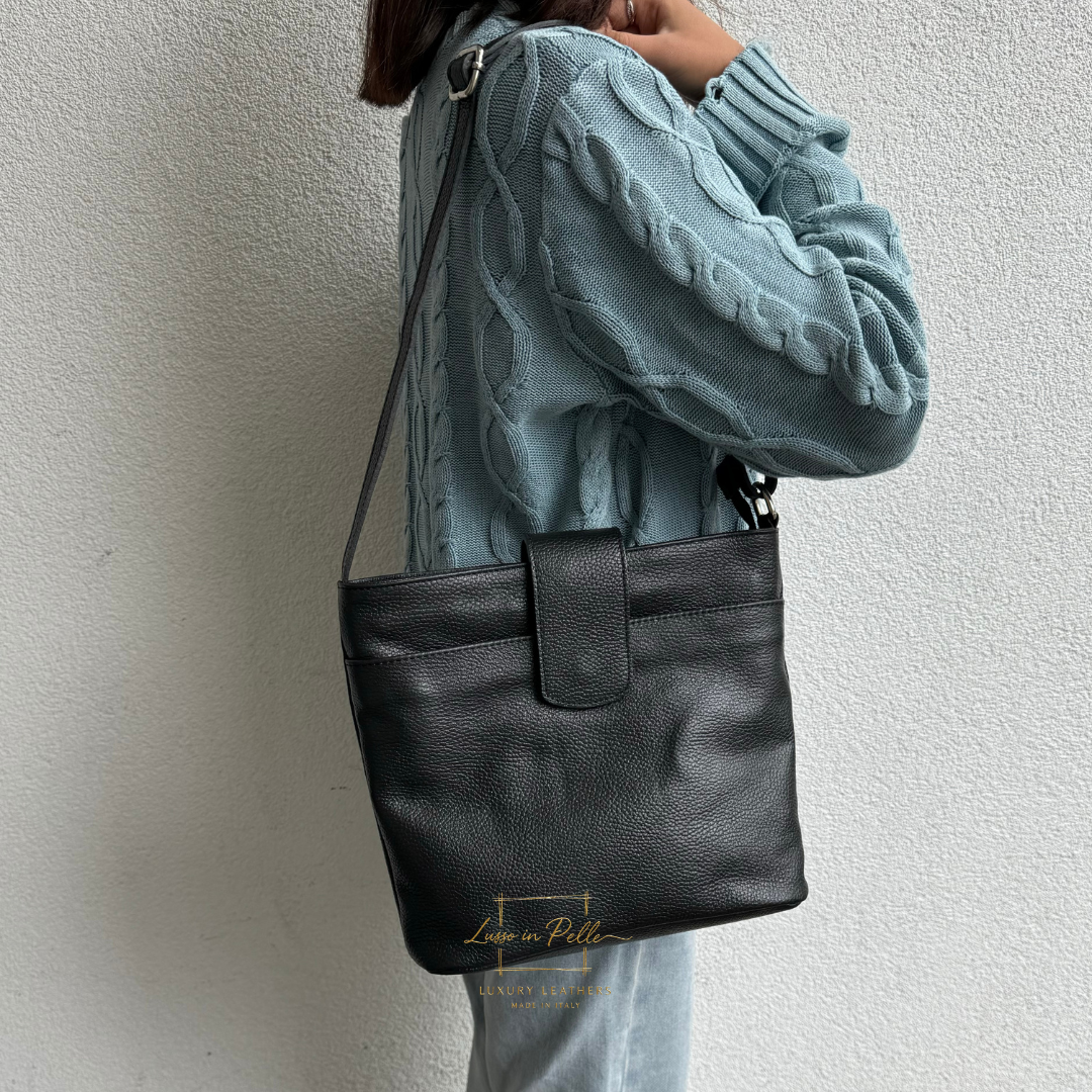 Italian Leather Shoulder/Crossbody Bag with Adjustable Straps - Lussoinpelle Black
