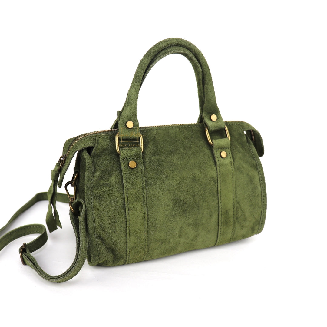 Small Suede Top Handle Crossbody Bag – Soft Genuine Leather Handbag with Detachable Strap