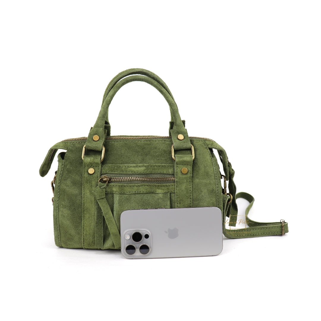 Small Suede Top Handle Crossbody Bag – Soft Genuine Leather Handbag with Detachable Strap