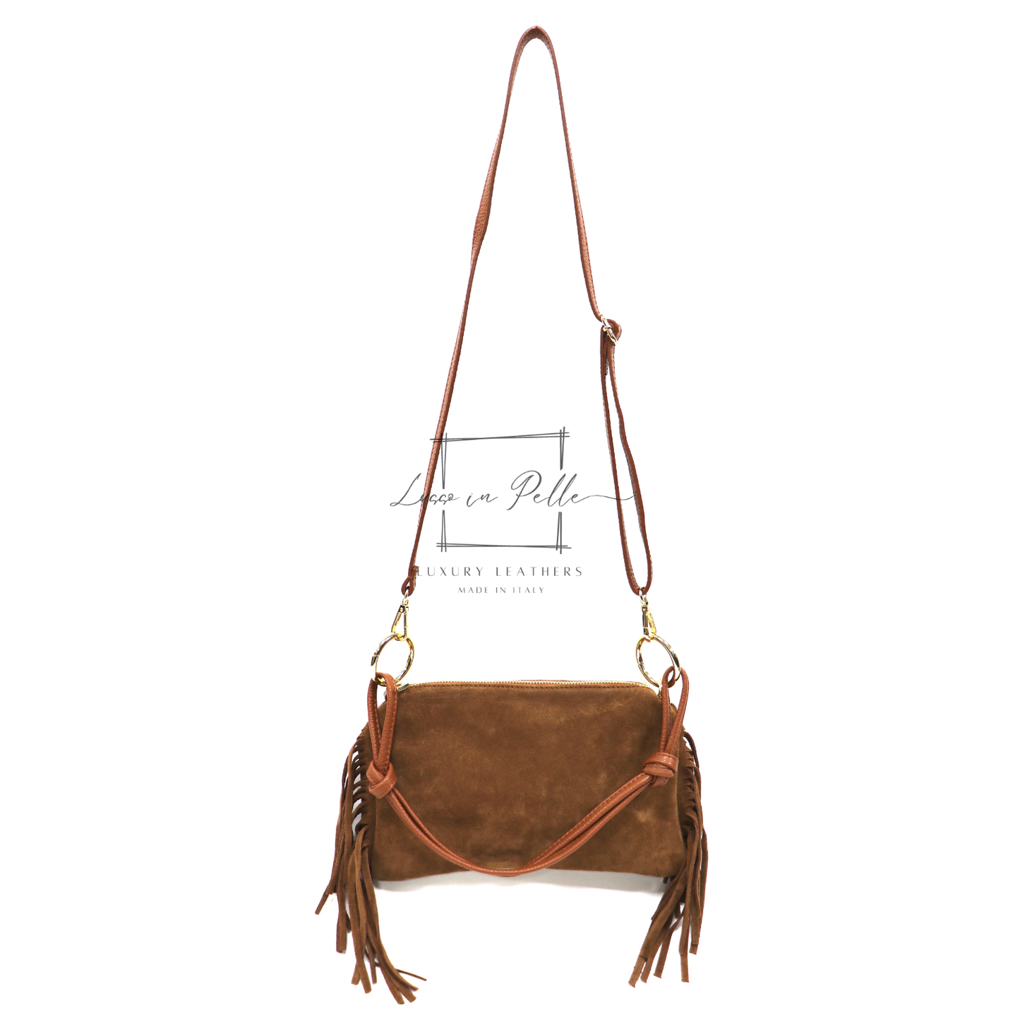 Small Italian Suede Fringe Bag with Shoulder and Crossbody Straps: Handmade Genuine Cowhide Suede Flat Purse