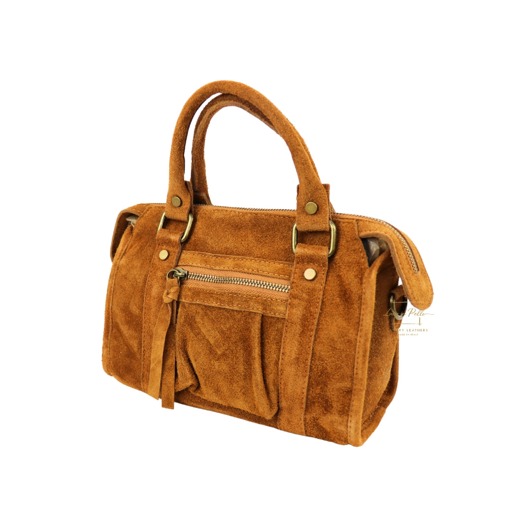 Small Suede Top Handle Crossbody Bag – Soft Genuine Leather Handbag with Detachable Strap